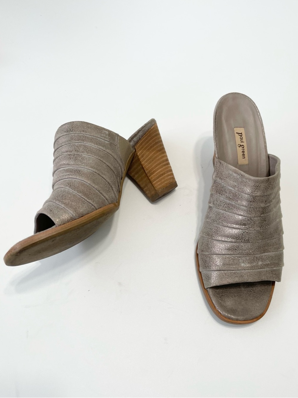 Paul Green Winston Pewter Open Toe Mules Silver Taupe Wood Heel Leather US 8